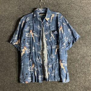 Perry Richards Hawaiian Shirt Silk Men’s Large Pin-Up Girls Palm Tree Button Up